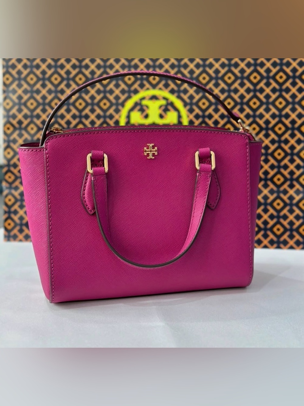 Tory Burch Fuchsia Saffiano Mini Satchel with Gold Hardware